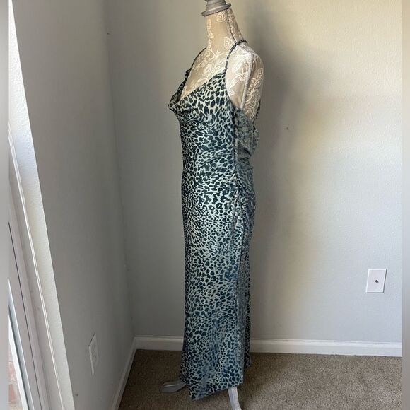 Nasty Gal Velvet Animal Print Cowl Neck Midi Slip Dress in Teal - Picture 3 of 10